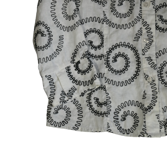 Tweeds Blouse Womens M Black White Embroidered Swirls 100% Linen Button Front - Picture 3 of 13